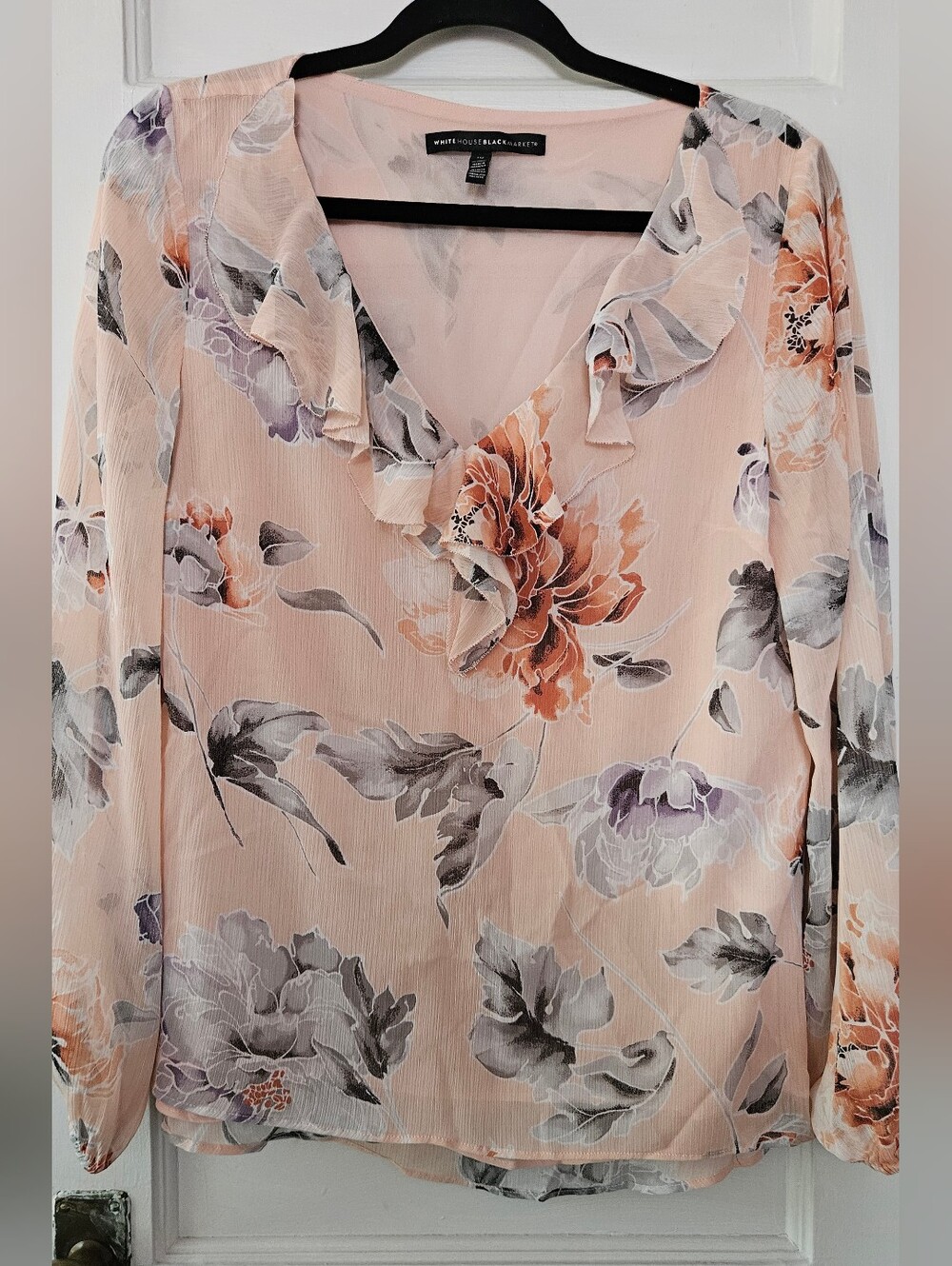 Floral Ruffle V-Neck Blouse - Peach Pink - Picture 1 of 8